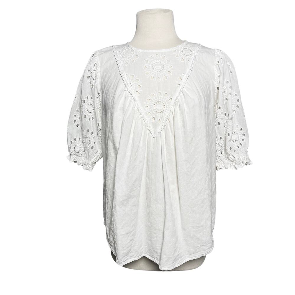 AEOM Women’s Boho White Eyelet Puff Sleeve Top Large